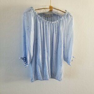 Betty & Co Womens Off Shoulder Blouse Top Size 8 Blue White Striped 3/4 Sleeve